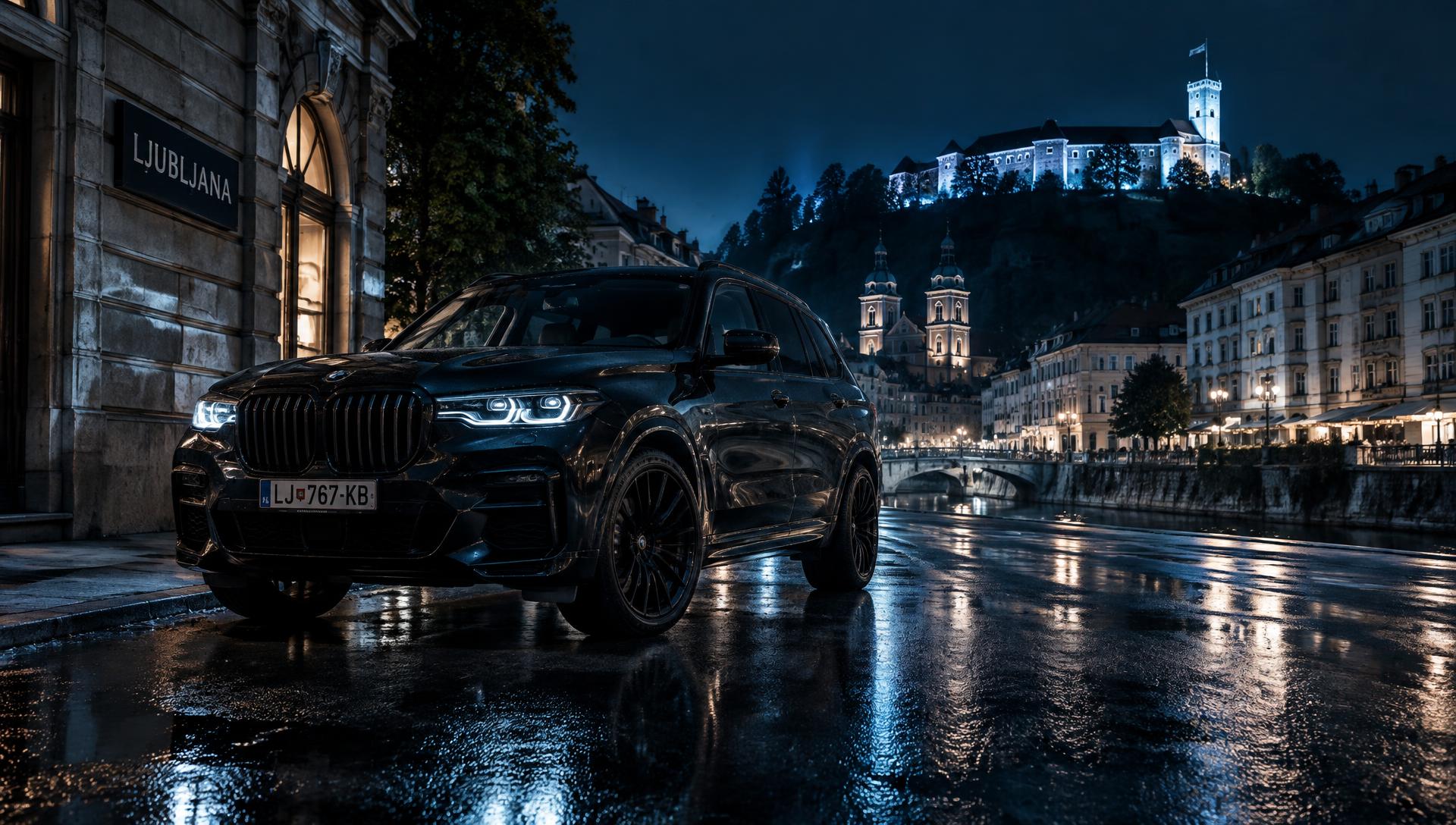 Premium vozilo na ulici v Ljubljani ponoči